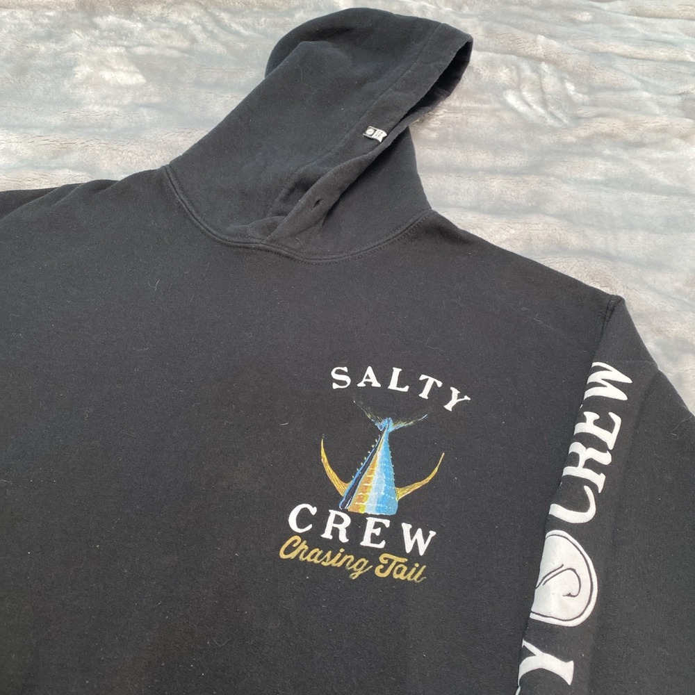Salty Crew Chasing Tail Hoodie Men Medium Black Fishing Graphic Sweatshirt - Picture 9 of 11